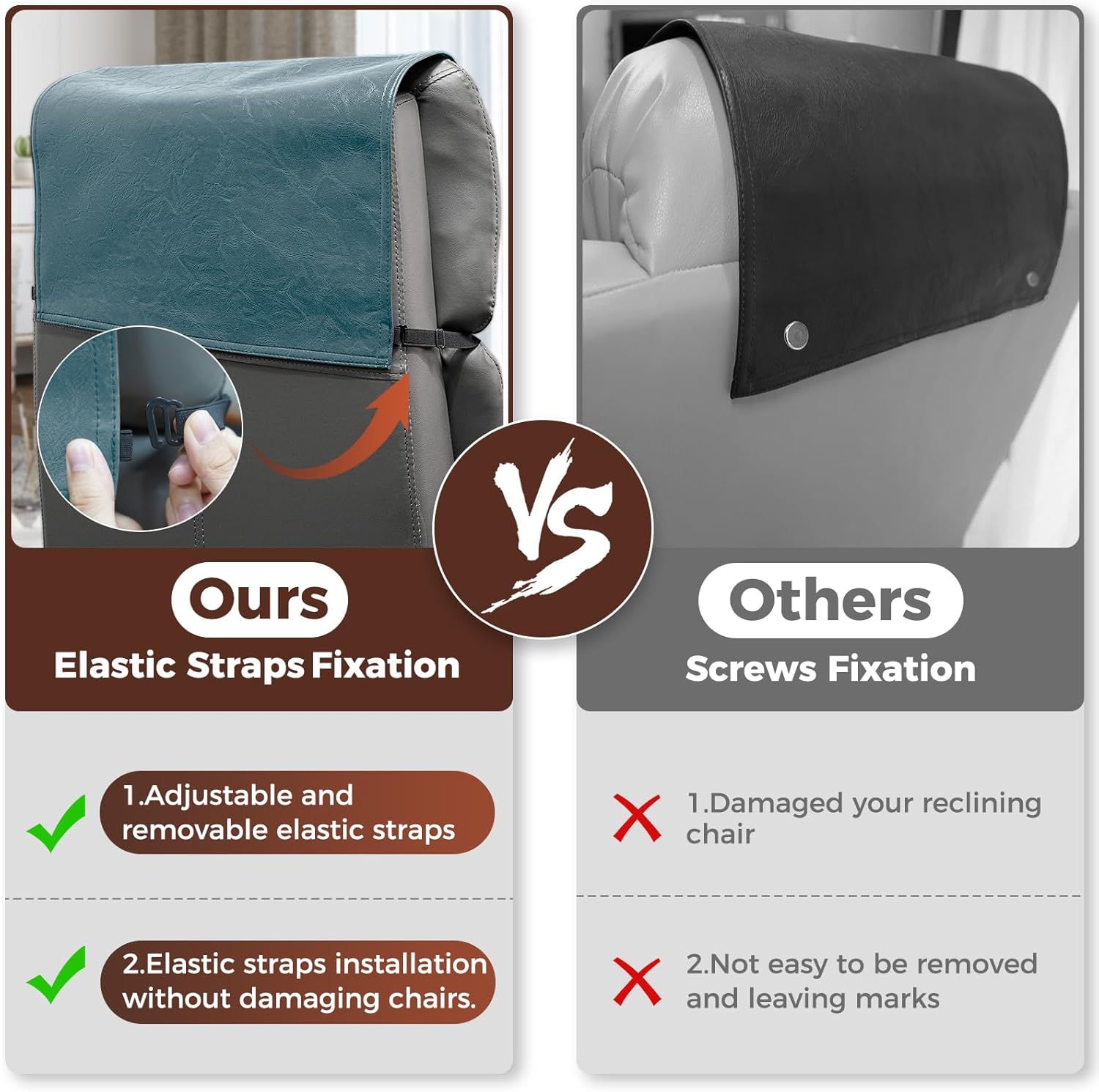 Headrest Cover for Recliner Chair Recliner Headrest Protector Faux Leather Headrest Cover with Elastic Straps Couch Headrest Covers for Furniture Sofa Protector 17 x 27In(Ocean Blue)